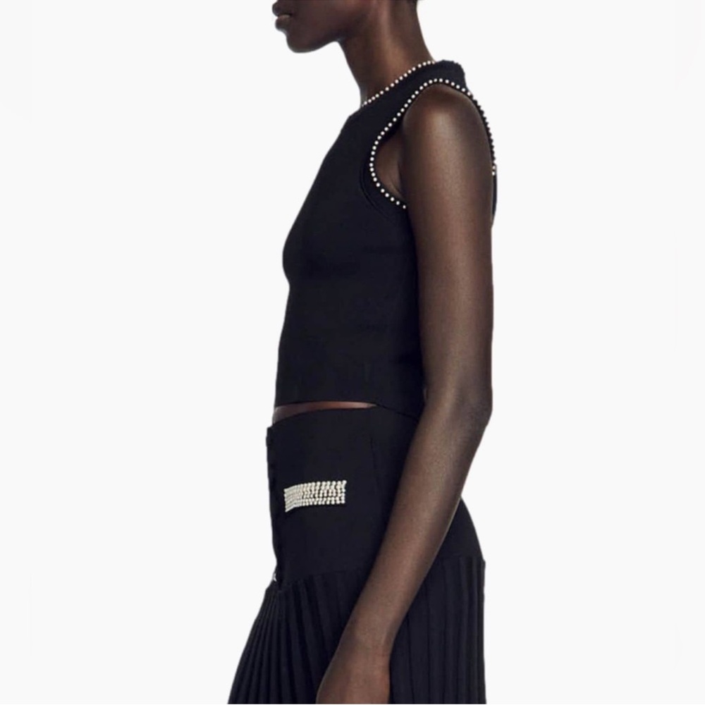 NWT Sandro Gild Faux Pearl Embellished Sleeveless Knit Tank Top Black  Sz/ 0 - Picture 3 of 12
